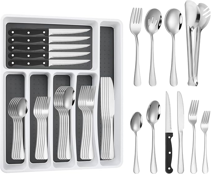 53PCS Silverware Set for 8 with Flatware Drawer Organizer, Stainless Steel Cutlery Set with Steak Knives, Include Spoons and Forks Set & Serving Utensils, Dishwasher Safe, Heavy Duty, Silver