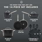 GreenPan GP5 Hard Anodized Healthy Ceramic Nonstick 14 Piece Cookware Pots & Pans Set,Heavy Gauge Scratch Resistant, Stay Flat Surface,Induction, Mirror Finish Handle,Oven Safe, PFAS-Free, Black