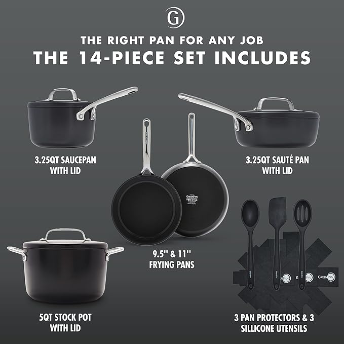 GreenPan GP5 Hard Anodized Healthy Ceramic Nonstick 14 Piece Cookware Pots & Pans Set,Heavy Gauge Scratch Resistant, Stay Flat Surface,Induction, Mirror Finish Handle,Oven Safe, PFAS-Free, Black