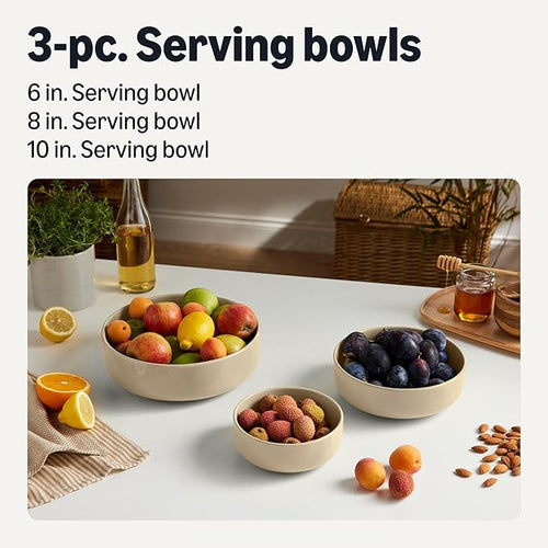 Amazon Basics Glazed Stoneware Serving Bowls, 3-Piece Set, Dishwasher-Safe, Linen Gray