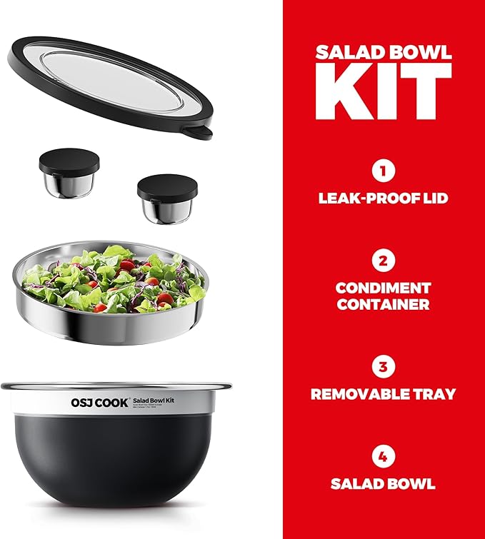 18/8 Stainless Steel Salad Bowl Kit - 74oz, Salad Bowls to go for Lunch, Comes with 1.7oz Condiment Container and Removable Tray for Organization - Leak-Proof, Dishwasher Safe (Black)