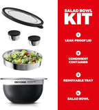 18/8 Stainless Steel Salad Bowl Kit - 74oz, Salad Bowls to go for Lunch, Comes with 1.7oz Condiment Container and Removable Tray for Organization - Leak-Proof, Dishwasher Safe (Black)