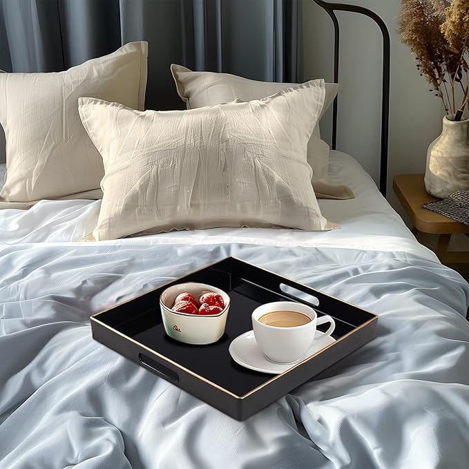 MAONAME Decorative Tray, Black Serving Tray with Handles, Coffee Table Trays, Square Plastic Trays for Ottoman, Bathroom, Kitchen, 13" x 13" x 1.57"
