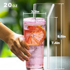 JunVpic Glass Coffee Cups with Lids and Straws, 20 OZ Pink Iced Water Glasses Tumblers for Ice Juice, Tea, Milk, Smoothie and Cold or Hot Drinks, Set of 2