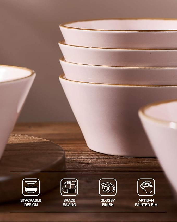 Famiware Saturn Dinnerware Sets, Plates and Bowls Sets for 4, 12 Pieces Stoneware Dish Set - Chip and Scratch Resistant, Microwave and Dishwasher Safe Tableware Set, Light Pink with Rim