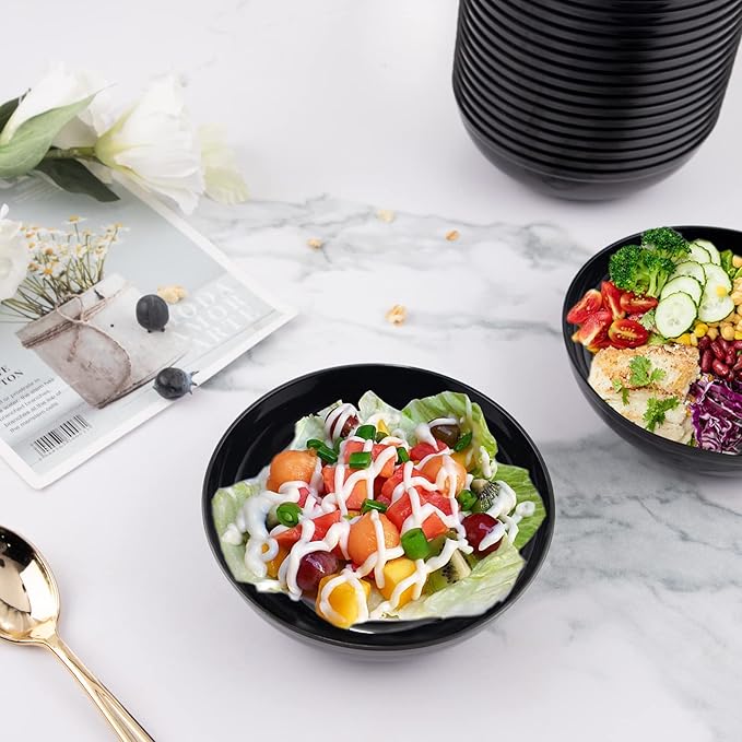 bUCLA 50Pack Black Plastic Bowls - 10oz Disposable Black Plastic Salsa/Serving Bowls - Ideal for Party & Graduation