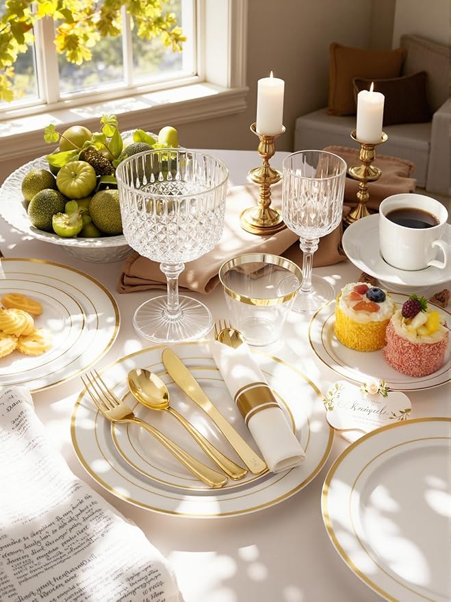 WDF Partyware 175PCS White and Gold Plastic Plates - Gold Plates with Rolled Napkins for Party - 25Guest Disposable Dinnerware Sets for Wedding/Baby Shower/Spring/Birthday/Mother's Day