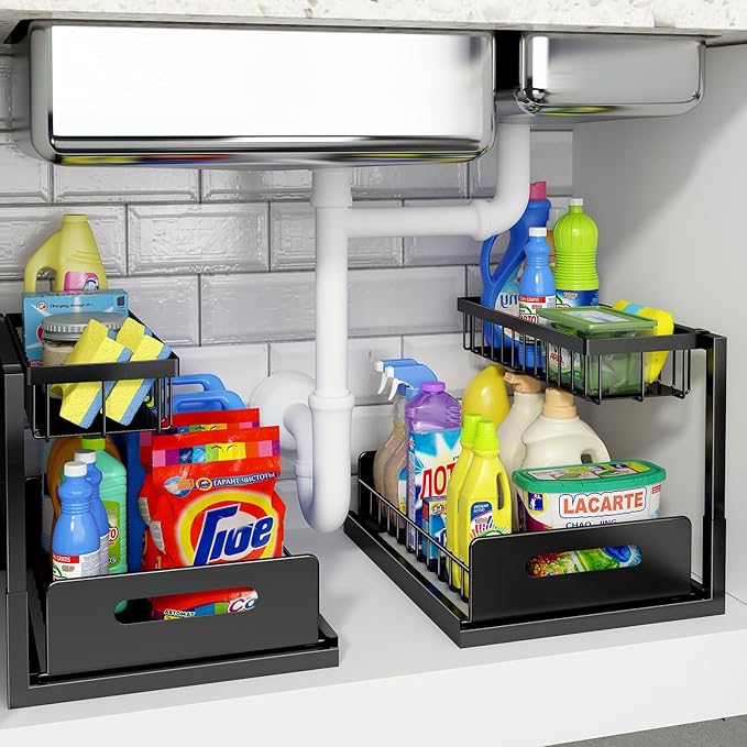 REALINN Under Sink Organizer, L-Shaped 2 Tier Pull Out Cabinet Organizer for Kitchen and Bathroom, Slide Out Under Cabinet Storage, Metal Under Sink Storage with Sliding Drawer, 50 lbs, Black 2 Pack