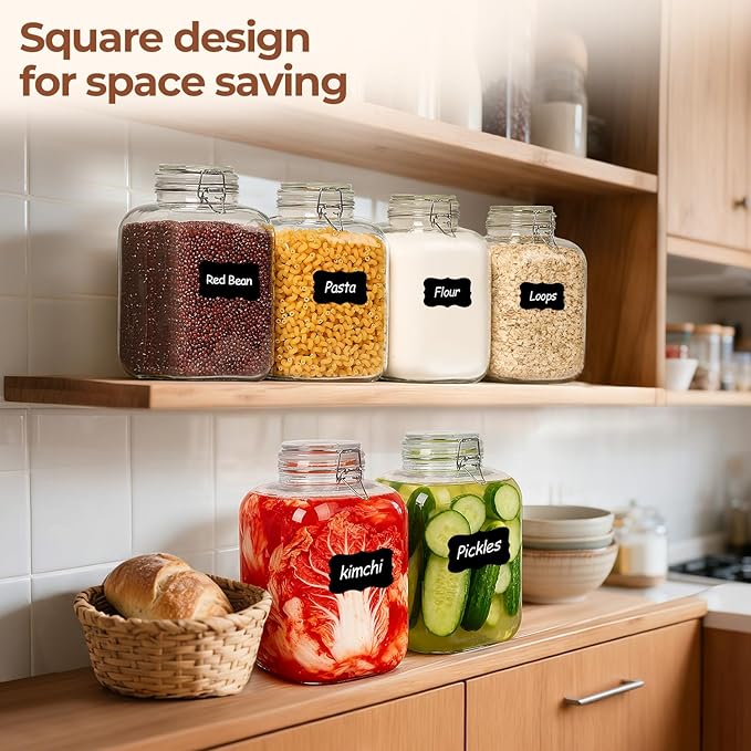 ComSaf 5L (1.3 Gal) Square Glass Rice Containers - Thick Food-Grade Glass Storage Jars with Airtight Hinged Lids & Reusable Labels - Perfect for Flour, Sugar, Pasta, Beans & Dry Goods, Set of 2