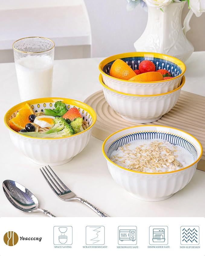 Yeacccng Bohemian Cereal Bowls Set of 4, 27 Oz Ribbed Exterior Ceramic Bowls, 6.14 Inch Lead-Free Scratch-Resistant for Soup/Cereal/Oatmeal/Pasta/Fruit, Dishwasher & Microwave Safe