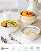 Yeacccng Bohemian Cereal Bowls Set of 4, 27 Oz Ribbed Exterior Ceramic Bowls, 6.14 Inch Lead-Free Scratch-Resistant for Soup/Cereal/Oatmeal/Pasta/Fruit, Dishwasher & Microwave Safe