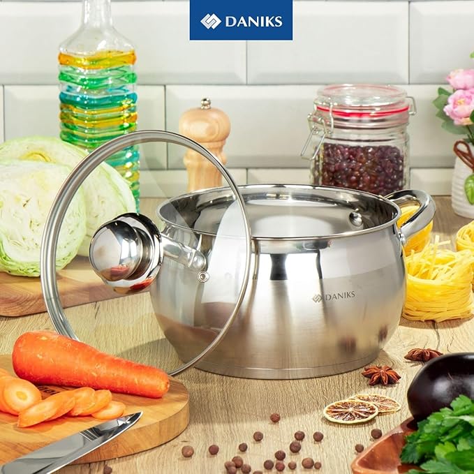 Daniks Classic 3 Quart Stainless Steel Stock Pot with Glass Lid, Tri-Ply Bottom for Even Heating, Induction Compatible, Dishwasher Safe