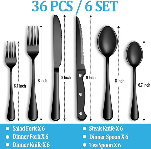 36 Pcs Black Silverware Set with Steak Knives, Stainless Steel Flatware Cutlery Set Service for 6, Kitchen Tableware Set, Utensil Set for Home and Restaurant, Knives Forks Spoon Set, Dishwasher Safe