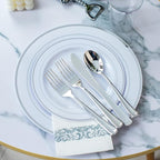 I00000 700 Piece Silver Dinnerware Set for 100 Guests-100 Dinner Plates, 100 Dessert Plates, 100 Disposable Cups 10 oz, 100 Paper Napkins, 100 Plastic Silverware Set Perfect for Party & Wedding