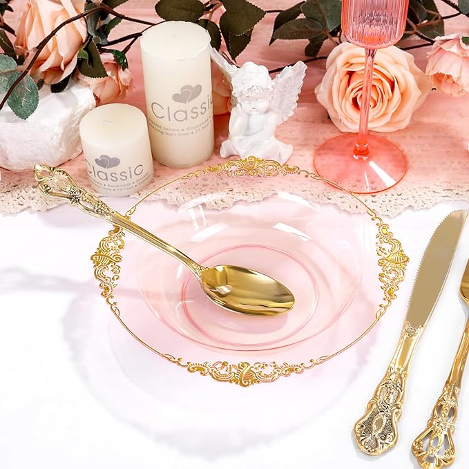 100PCS Clear Pink Plastic Bowls - 12 oz Pink Gold Disposable Salad Bowls - Heavy Duty Disposable Soup Bowl - Fancy Plastic Ice Cream Bowl for Weddings Parties Dinners Picnics Mother’s Day