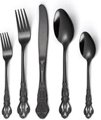 Gorgeous Retro Royal Black Silverware Set For 8,OIULO 40 Pieces Flatware Service 8,Stainless Steel Anti-rust Dark Fine Vintage Utensils Forks Spoons Knife,Antique Baroque Cutlery,Mirror Dishwasher