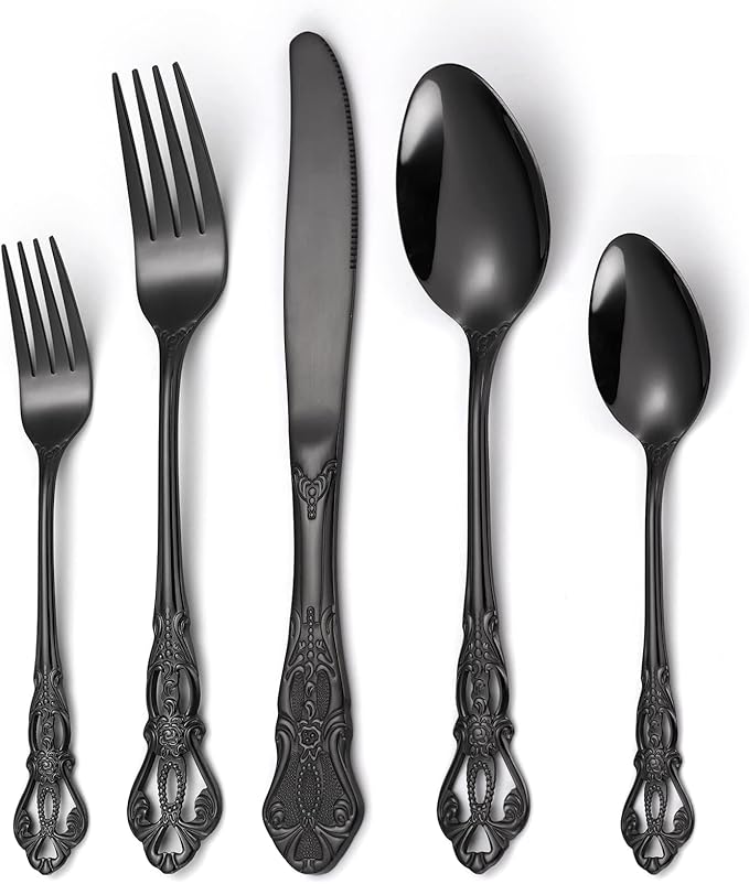 Gorgeous Retro Royal Black Silverware Set For 8,OIULO 40 Pieces Flatware Service 8,Stainless Steel Anti-rust Dark Fine Vintage Utensils Forks Spoons Knife,Antique Baroque Cutlery,Mirror Dishwasher