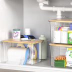 iCASA Trash Bag Dispenser Under Sink Organizer, 2-in-1 Acrylic Trash Bags Holder with Bamboo Lid, Holds Large Rolls up to 100 Count, Garbage Bag Storage Container for Kitchen, Pantry, Laundry Room