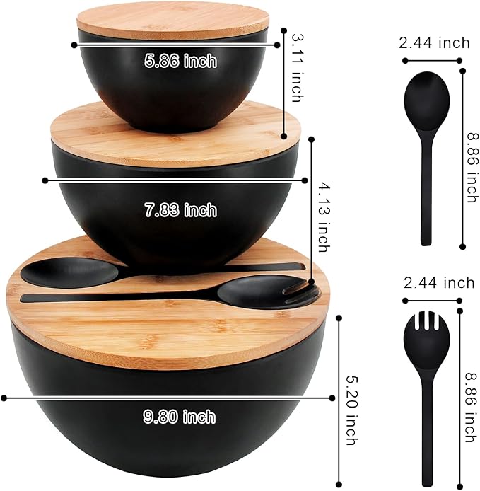 ECOWAY Salad Bowls Set of 3 with Lid & Serving Utensils, Bamboo Fiber Mixing Bowls Set Large Serving Bowls & Storage Set with Bamboo Lid for Salad, Kitchen Eating, Pasta, Popcorn, Chips, Fruit, Black