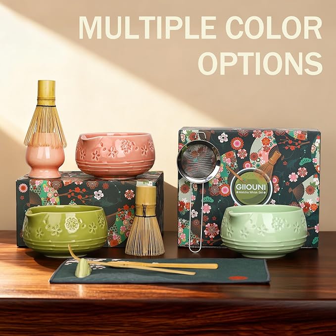 Matcha Whisk Set, Ceramic Bowl with Spout, Bamboo Matcha Whisk & Spoon, Chasen Holder, Scoop Rest, Sifter, 8-Pcs Japanese Ceremony Matcha Powder Kit–Valentine's Day Gift for Women-Matcha Green
