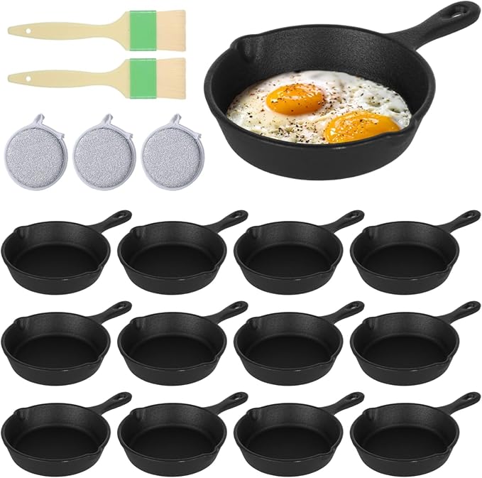 OMISTAR 20 Pack 4 inch Cast Iron Skillet, Mini Nonstick Frying Pan with Oil Brush and Sponge, Single Serve Egg Pan Long Handle Omelet Pan, Grill Safe