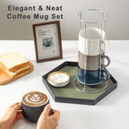 Hasense Coffee Mug Set of 4 with Holder - 15 oz Stackable Large Ceramic Ribbed Latte Cup Set for Cappuccino, Tea, Hot Cocoa, Drinks - Dishwasher & Microwave Safe Multi color