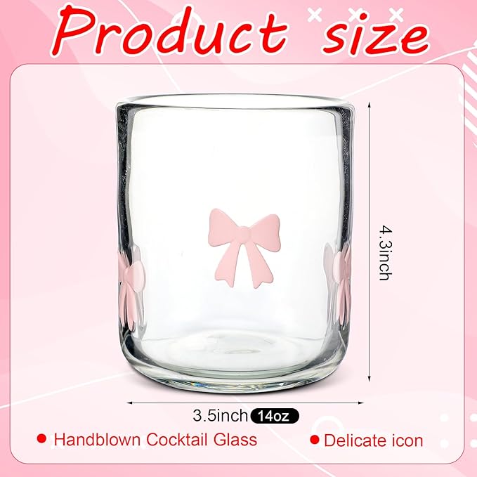 Skylety 2 Pack Bow Icon Juice Glasses, 14 oz Stemless Glass Cups, Coquette Pink Bow Juice Cocktail Wine Coffee Drinking Cups for Gift Engagement Wedding Anniversary Valentines Present Party Supplies