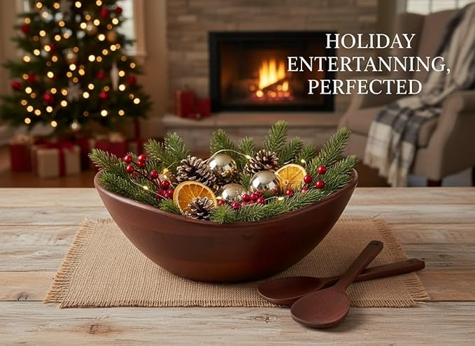 Melvvi Large Wooden Salad Bowl Set with 2 Serving Utensils | 12" Acacia Wood Royal Brown color Bowls for Food | Great Gift for Mothers Day (Royal Set of 3)