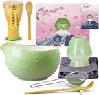 Clay&Fire Matcha Whisk Set, 9 pcs Ceramic Matcha Set, Gifts for Women,Matcha Bowl with Spout and Whisk, Matcha Kit for Matcha Lovers, Ideal Gift Christmas, Birthday, Anniversary (Cherry Bloom-Green)
