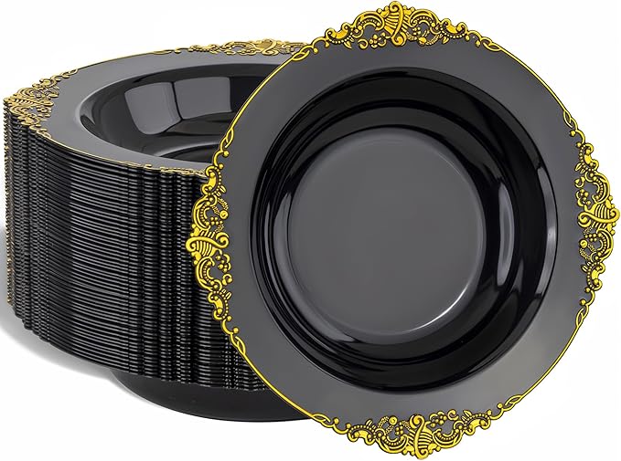 Nervure 50PCS Black Plastic Bowls with Gold Rim - 12oz Disposable Soup Bowls, Heavy Duty Salad Ice Cream Bowl Perfect For Weddings, Parties and Halloween