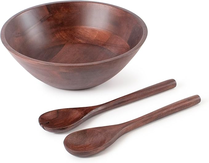 Luxe Designs 12" Dark Burnt Wooden Salad Bowl Set with Serving Utensils Eco-Friendly, Multipurpose Mixing & Serving Bowl for Salads, Pasta, Fruits & More – Durable & Stylish Kitchen Essential