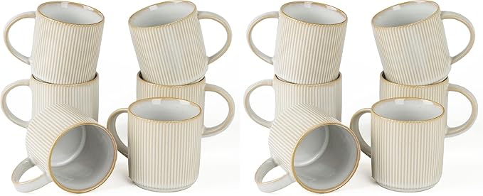famiware Coffee Mug Set for 6, Star 12 oz Catering Mugs Cup Set with Handle for Coffee, Tea, Cocoa, Milk - Ceramic Stoneware Drinkware Set, Cappuccino White (Pack of 2)