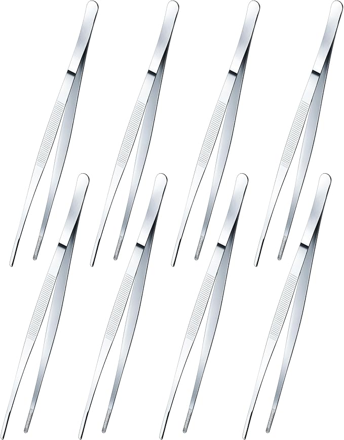 Yaomiao 8 Packs 12 Inch Bar Tweezers Silver Cocktail Tongs Long Garnish Tweezers Stainless Steel Bartender Kitchen Cooking Tongs for Cocktail Food Fruit Korean BBQ Bartender Chef, Multi-use