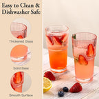 4PCS Pink Ribbed Glass Cups with Lids and Straws, 20oz Vintage Drinking Glasses, Aesthetic Iced Coffee Cups, Glass Tumbler for Boba, Beer, Tea, Cocktails, Ribbed Glassware Set,Pink
