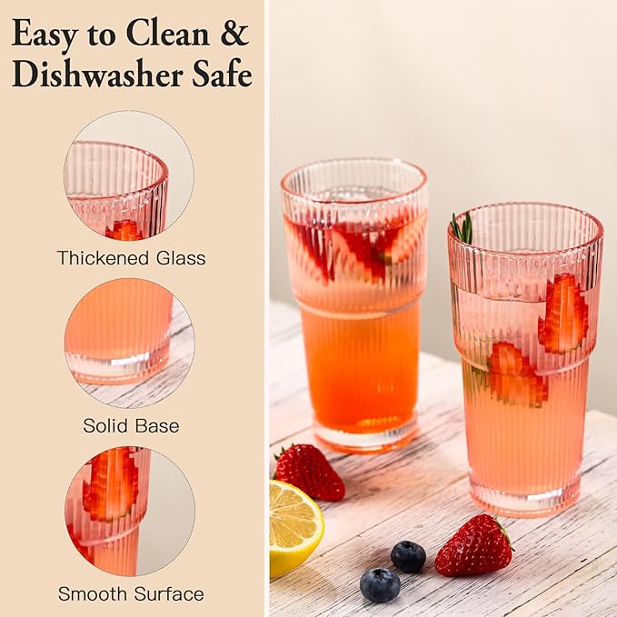 4PCS Pink Ribbed Glass Cups with Lids and Straws, 20oz Vintage Drinking Glasses, Aesthetic Iced Coffee Cups, Glass Tumbler for Boba, Beer, Tea, Cocktails, Ribbed Glassware Set,Pink