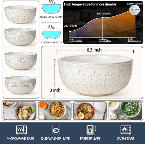 Artena Soup Bowls 32 OZ, Cereal Bowls Set of 4, White Embossment Ceramic Ramen Bowls for Dinner, Salad, Pho, Noodle, Pasta, Snacks, Dishwasher Microwave Safe, 6.3 Inch, Wheat Leaf (Pack of 2)