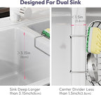 SWTYMIKI Sponge Holder for Kitchen Sink - Movable Sink Caddy with Smiley Face Sponge Holder, Rustproof Hanging Sponge Organizer in Double Bowl Sinks Depth>3.15in, Middle Divider<1.5in, Silver