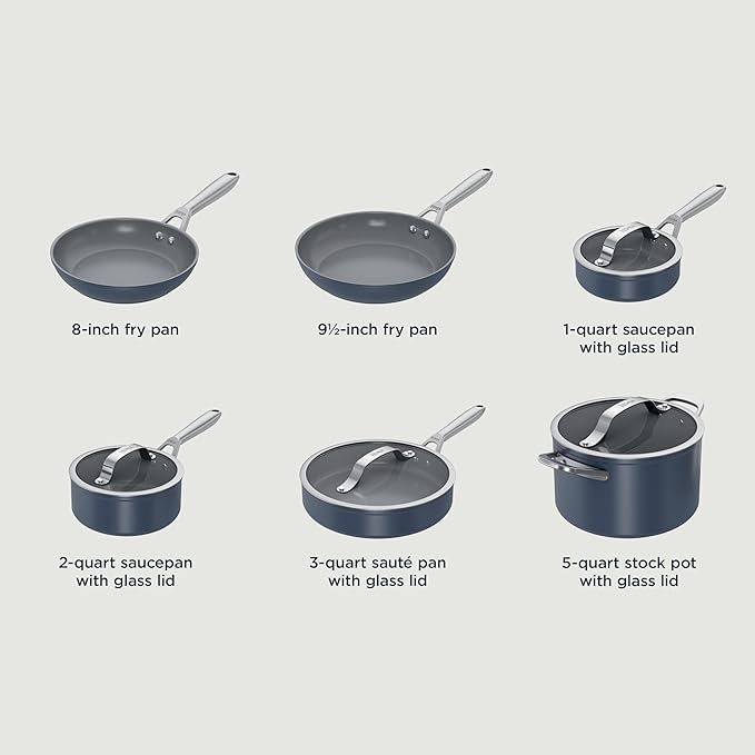 Ninja Ceramic Pro 10Piece Cookware Set, NonStick Pots & Pans Set with Glass Lids, Nontoxic, PTFE Free, Ceramic Coated, Stove to Oven Safe, All Stovetop & Induction Compatible, Midnight Blue, CW39010MM