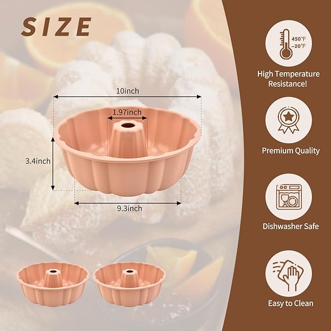 2 Pack Silicone Cake Pan Nonstick,10 Inch, Silicone Cake Molds,Pound Cake Pan, Baking Cake Pan for Jello,Gelatin,Cake,Brownie and Bread（Pink+Pink）