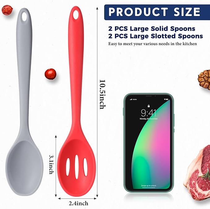 Boao 4 Pcs Silicone Spoons for Cooking 10.6 Inch Large Nonstick Serving Spoons Heat Resistant Slotted Spoon for Mixing & Stirring Kitchen Cooking Utensils, Dishwasher Safe(Mixed Colors)
