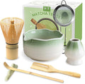 JBER Matcha Whisk Set, Ceramic Matcha Kit Includes Bowl with Spout, Matcha Whisk (Chasen) and Holder, Sifter, Scoop, Spoon & Rest - 7PCS Matcha Set for Matcha Lovers Ceremony, Gradient Light Green