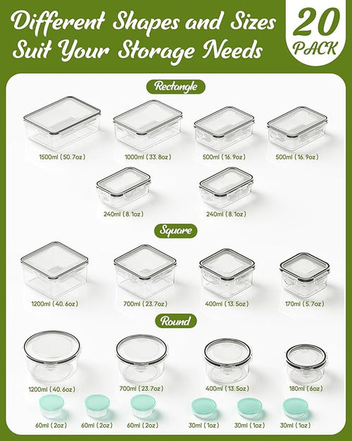 40 Piece Food Storage Containers with Lids(20 Containers & 20 Lids), BPA-Free Plastic Food Containers for Kitchen Storage and Organization, Leak Proof Meal Prep Container, Includes Labels & Pen