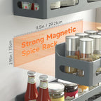 4 Pack Strong Magnetic Spice Rack for Refrigerator, Multipurpose Magnetic Shelf for Fridge with 4 Hooks for kitchen and Bathroom Organization, Grey