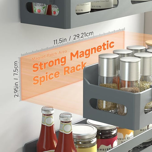 4 Pack Strong Magnetic Spice Rack for Refrigerator, Multipurpose Magnetic Shelf for Fridge with 4 Hooks for kitchen and Bathroom Organization, Grey