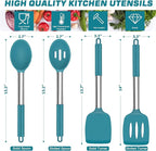 TeamFar Cooking Utensils Set, 4PCS Heatproof Silicone Utensil Kitchen Tools with Stainless Steel Handle, for Non-stick Cookware Flipping Frying Draining, Nontoxic & Non scratch, Easy Clean - Navy Blue