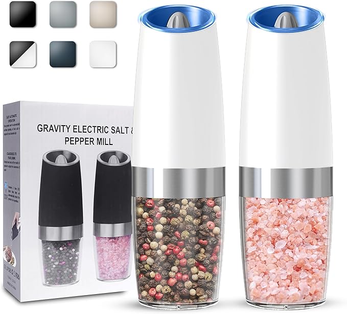 Gravity Electric Salt and Pepper Grinder set of 2, Automatic Salt And Pepper Grinder Set, Adjustable Roughness, Battery Powered, LED Light, 2 Pack, (White)
