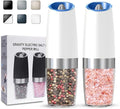 Gravity Electric Salt and Pepper Grinder set of 2, Automatic Salt And Pepper Grinder Set, Adjustable Roughness, Battery Powered, LED Light, 2 Pack, (White)