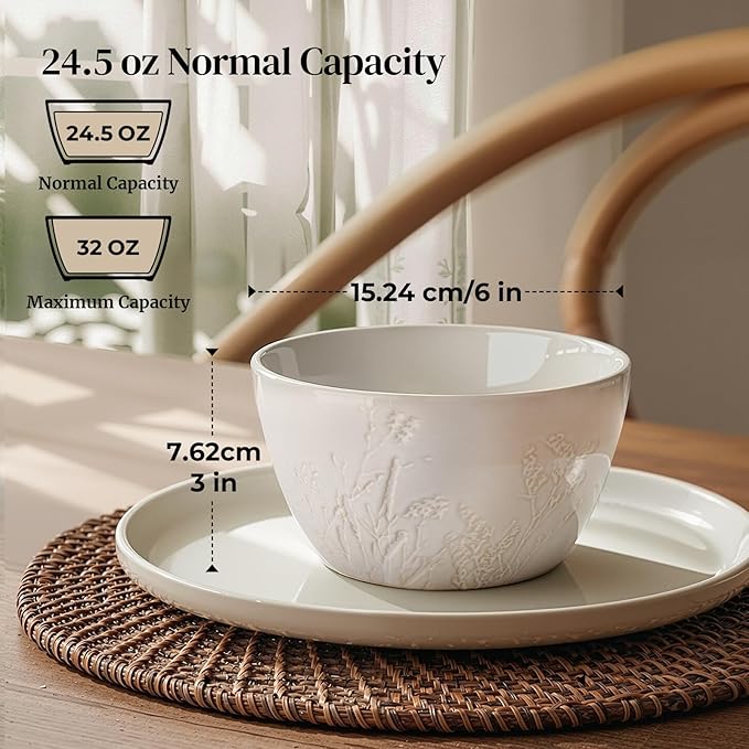 DOWAN 32 OZ Bowls, Soup Bowl Set of 4, Large Ceramic Bowls for Soup, Cereal, Pasta Bowls, Embossed Floral Design, Stackable, Microwave & Dishwasher Safe, for Ramen and Salad