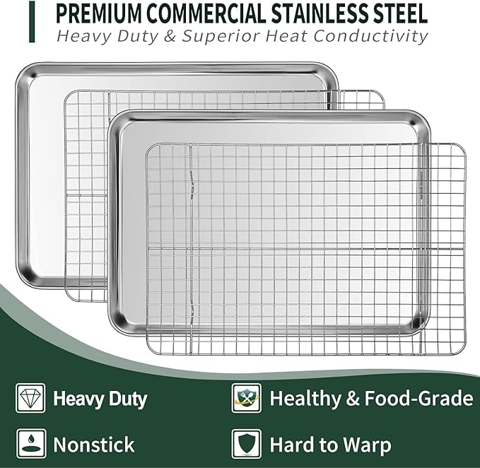 Quarter Sheet Pan with Cooling Rack Set [2 Baking Sheets + 2 Baking Racks], CEKEE Stainless Steel Cookie Sheets for Baking and Wire Rack - Rust & Warp Resistant & Nonstick, Size 12 x 9.8 x 1 Inch