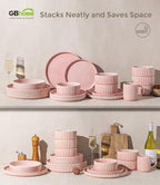 GBHOME 12-Piece Stoneware Dinnerware Set for 4 – Ribbed Ceramic Plates and Bowls, Scratch-Resistant, Microwave & Dishwasher Safe, Reactive Glaze, Blush Veil